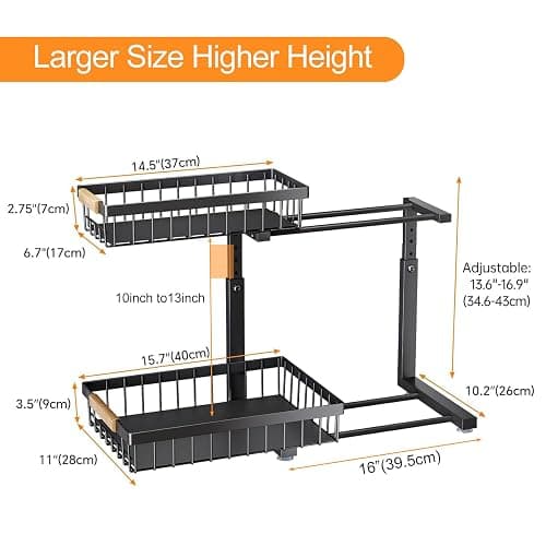 PXRACK Under Sink Organizer, Adjustable Height, 2 Tier Pull Out Under Cabinet Organizer, Slide Out Thickened Metal Under Sink Storage for Kitchen Bathroom Laundry Pantry Cabinet, Black, Large-2-Pack thumbnail 7