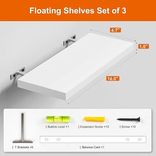 oridom Floating Shelves for Wall, White Wood WallShelf Set of 3, 16" Wall Mounted Floating Shelf for Kitchen, Living Room, Bedroom, Bathroom Storage, Book Shelf for Walls Home Decor, Frame Display thumbnail 3