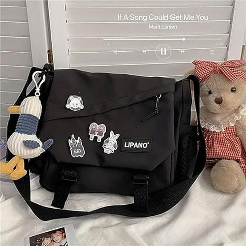 Inshere Aesthetic Crossbody Bag with Cute Pins and Ornament, Nylon Shoulder Messenger Bag Japanese Kawaii Bag for Women Men thumbnail 8