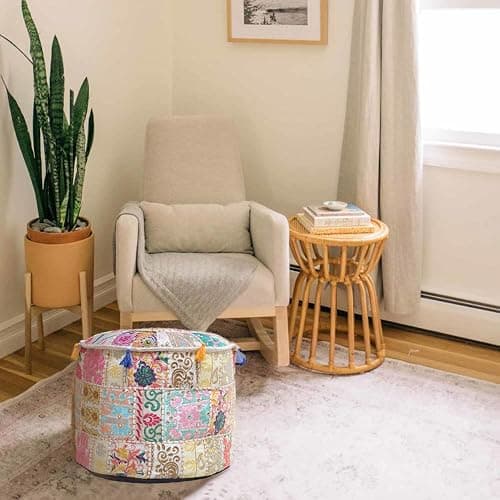 Aakriti Gallery Indian Pouf Footstool Ethnic Embroidered Pouf Cover - Cotton Round Pouffe Ottoman - Beige, 22x14 thumbnail 7