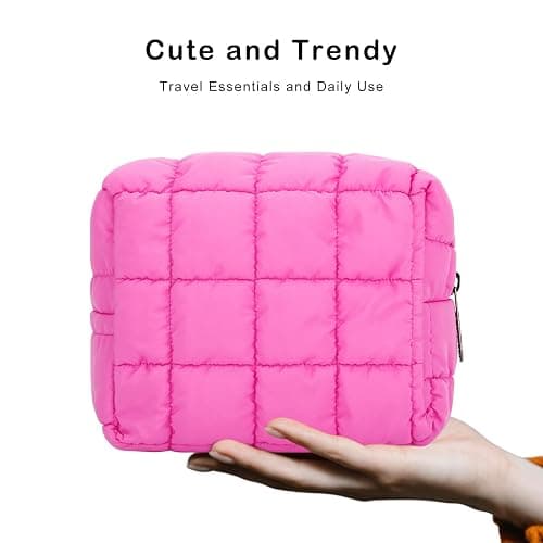 E-Tree Cute Makeup Bag,Quilted Cosmetic Bag,Make up Pouch for Purse,Toiletry Zipper Pouch,Checkered Bag,Travel Case,Storage Pouches for Organization (Hot Pink) thumbnail 7