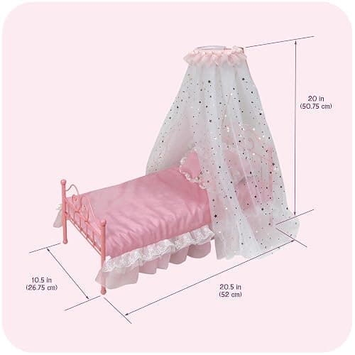 Badger Basket Starlights Metal Doll Bed - LED Canopy Bed Set Fits 18 Inch Dolls - Includes Mesh Drapes Decorative Pillows Reversible Blanket - Pretend Play Doll Furniture - Pink thumbnail 3