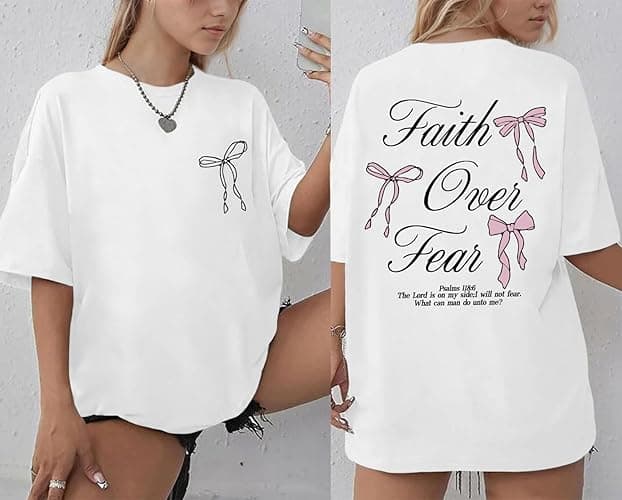 Pairxily Faith Over Fear Shirt Oversized Christian Cute Bow Shirts for Women Bible Verse Religious Tshirts Coquette Tops - White - Small thumbnail 2