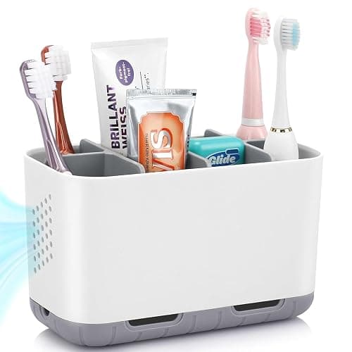 Boperzi Toothbrush and Toothpaste Holder Drainage for Bathroom Countertop with Adjustable Dividers, Large Toothpaste Caddy Organizer Storage Rustic Decor Set Anti-Slip for Shower,Family,Kids Gray - Image 1