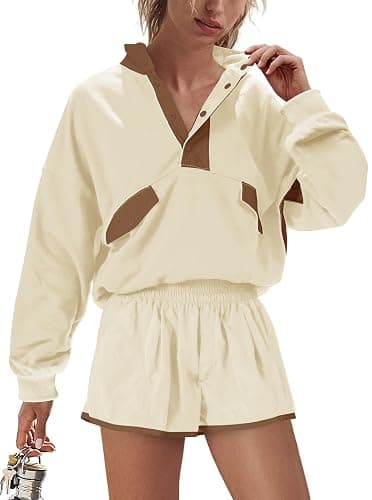 LAMISSCHE Work out Sets Gym for Women Sweatsuits 2 Piece Set Long Sleeve Top & Shorts Active Wear Sets with Pockets - Image 1