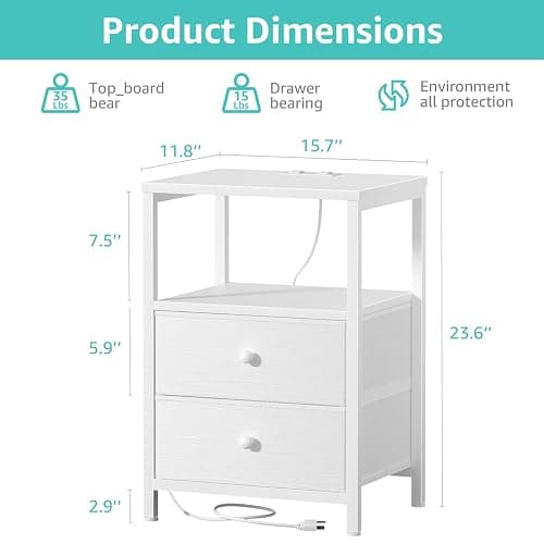 BOLUO White Nightstand with Charging Station, LED Night Stand with 2 Fabric Drawers, Bedside Table with USB Ports and Outlets, Nightstand for Bedroom Modern thumbnail 3