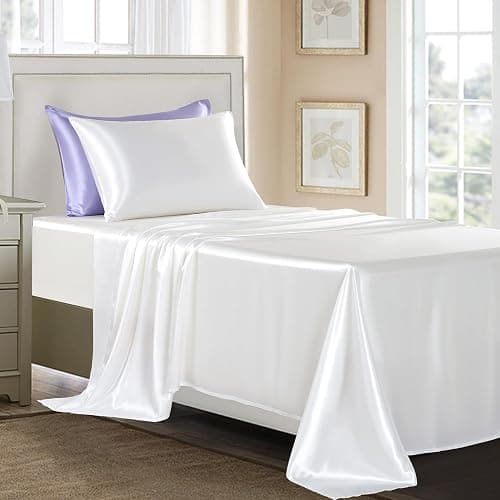 GOLAL Satin Sheets Twin XL Size - 3 Pieces Luxury Silky Soft Bed Sheets, Wrinkle-Free White Satin Silk Sheet Set with 1 Deep Pocket Fitted Sheet, 1 Flat Sheet, 1 Pillow case thumbnail 3