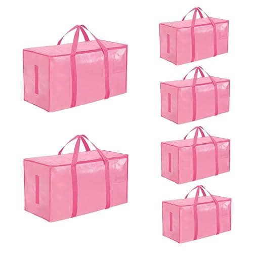 6 Pack-Extra Large Heavy Duty Moving Bags - Waterproof Storage Totes with Handles & Zippers, Foldable for College Dorm, Storage (Pink) - Image 1