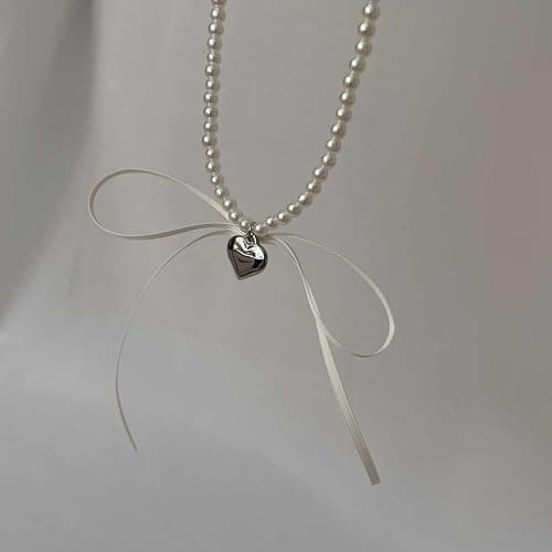 Pearl Ribbon Bow Choker Necklaces Y2k Coquette Pearl Necklace with Heart Bow Necklace for Women thumbnail 2