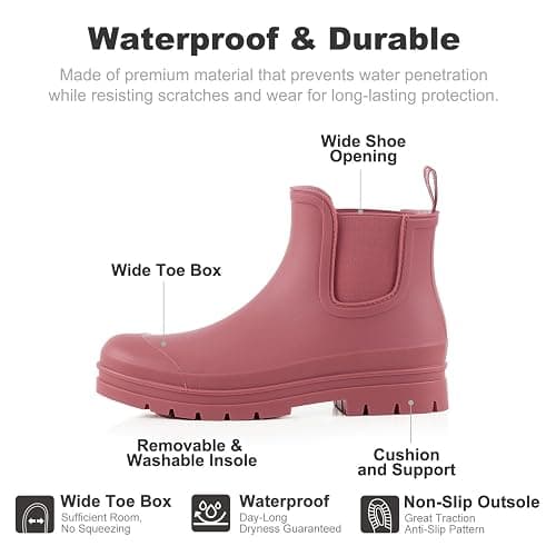Planone Wide Width Short Rain Boots Women Fashion Waterproof Chelsea Boots for Women Matte Outdoor Garden Shoes Ankle Muck Boots for Ladies Non Slip Work Shoes Rubber Boots with Premium Comfort Insole thumbnail 4