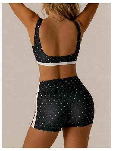 Milumia Women's Padded Polka Dots Workout Set 2 Piece Color Block Bra Tank High Waisted Biker Shorts Matching Yoga Outfit thumbnail 3