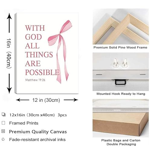 Coquette Pink Bow Canvas Wall Art Set of 3, Inspirational Bible Verses Decor Posters Pictures Prints Aesthetic for Girls Room College Apartment Living Room Bedroom Framed 12x16 Inch thumbnail 3