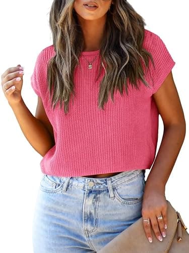 LCXWFE Womens Summer Cropped Sweater Vest Trendy Cap Sleeve Crop Tops Crew Neck Loose Knit Tank Top - Image 1