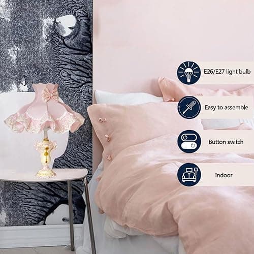 WISHVYQ European Style Pink Table Lamps Victorian Desk Lamp American Retro Handmade Fabric Lampshade with Resin Lamp Body Bedside Lamp for Girl's Bedroom Office Living Room thumbnail 6