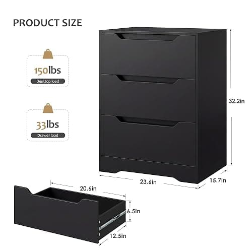 HOSTACK Modern 3 Drawers Dresser, Wood Chest of Drawers with Storage, Black | Small Dresser with Cut-Out Handles, Black Dresser, 3 Drawers Chest, Tall Storage Dresser for Living Room, Apartment, Renter thumbnail 3