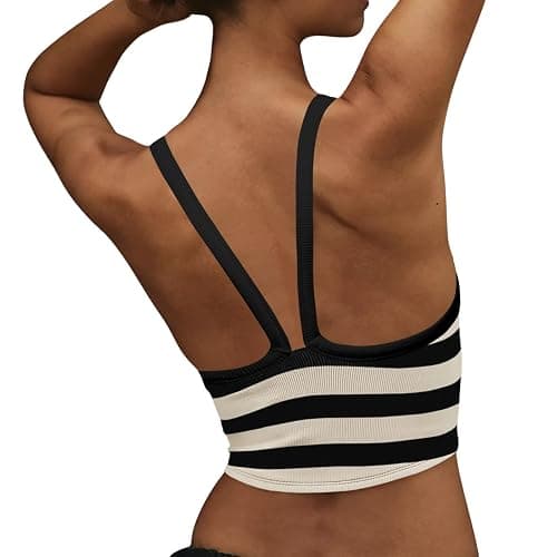 Fisoew Womens Striped Crop Sleeveless Tank Tops Scoop Neck Crossed V Racerback Cami Workout Yoga Athletic Sports Tops - Image 1