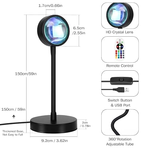 Sunset Lamp Projection, 16 Colors Sunset Lamp Multiple Colors with Remote Control, 360 Degree Rotation LED Sunset Projection Lamp Night Light with Fade Mode for Photography/Party/Home/Decor - 16 Colors thumbnail 6