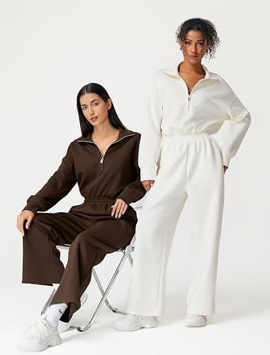 QINSEN Women's AirCotton Long-Sleeve Half-Zip High Waisted Wide Leg Jumpsuit with Pockets thumbnail 6