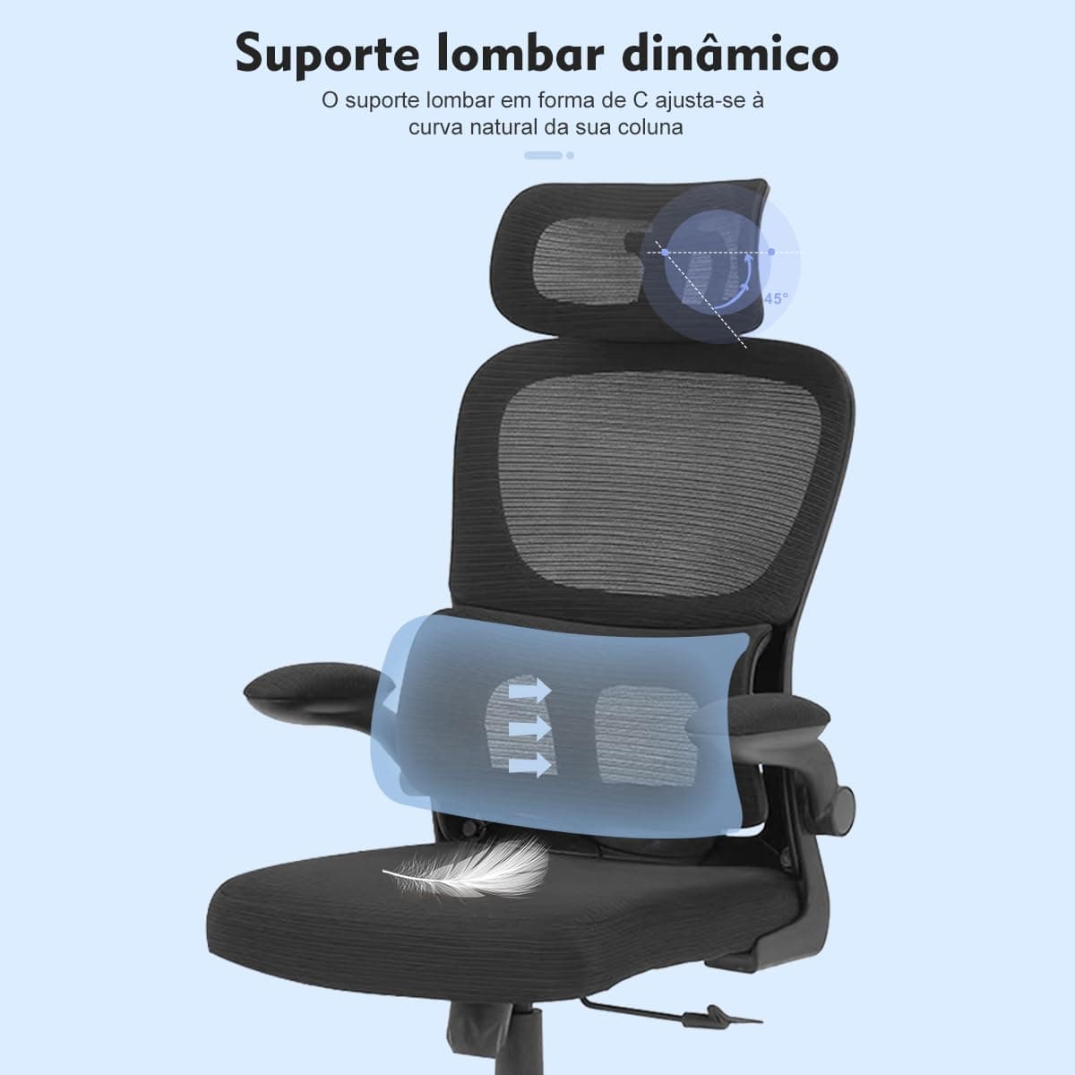 Cadeira de escritório, design ergonômico com suporte lombar independente, malha respirável e encosto de cabeça ajustável (Preto) thumbnail 6