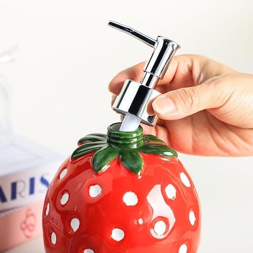 Colias Wing Fruit Shaped Soap Dispenser with Plastic Pump, Refillable Lotion Soap Bottle, Lotion Bottle, Hand Soap Dispenser, Home Decoration-Strawberry - Strawberry thumbnail 6