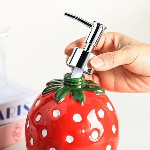 Colias Wing Fruit Shaped Soap Dispenser with Plastic Pump, Refillable Lotion Soap Bottle, Lotion Bottle, Hand Soap Dispenser, Home Decoration-Strawberry - Strawberry thumbnail 6