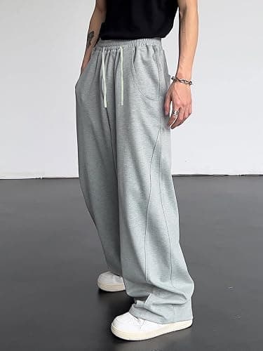 OYOANGLE Men's Drawstring Elastic Waist Baggy Sweatpants Y2K Loose Wide Leg Long Pants with Pocket thumbnail 5