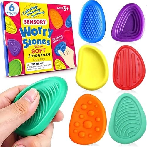 6 Pcs Sensory Stones - Silent Fidget Toys for Kids Adults - Calming Sensory Toys for Autism - Silicon Sensory Fidget Worry Stones - Fidgets for School, Workplace with Anxiety Relief for Kids Adults - Image 1