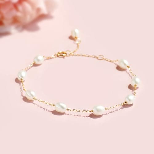 COMOTO Pearl Bracelet for Women 14K Gold Filled Freshwater Cultured Pearl Handmade Bracelet Tin Cup Pearl Bracelet Jewelry,7.0"+0.5"+0.5" thumbnail 4