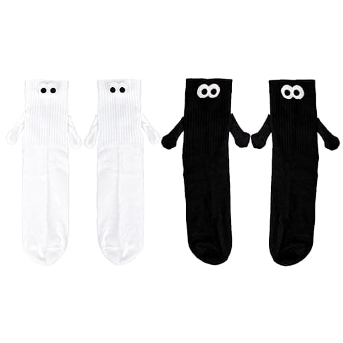 2 Pairs Couple Magnetic Socks, 3D Friendship Hand Holding Socks - Funny Cute for Women Men (White, Black), As Shown in the Picture, 20-40 - Image 1