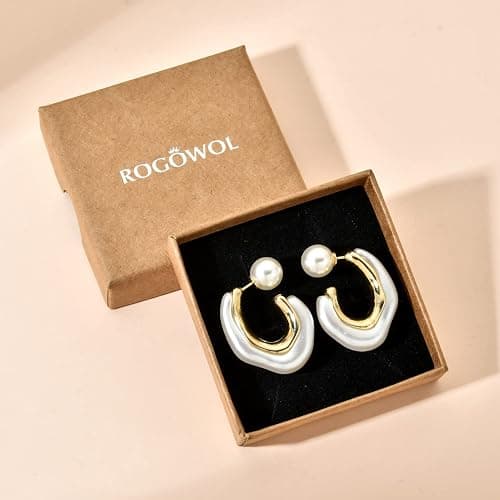 ROGOWOL Acrylic Resin C Shape Open Hoop Earrings with Pearl Ball Back Hypoallergenic Double Sided Faux Pearl Statement Hoop Earrings for Women - 8-Pearl White thumbnail 5