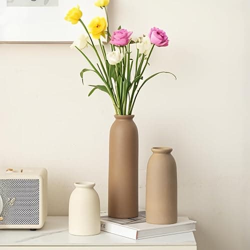 10.4 inches Tall Decorative Ceramic Vase Set, 3 Pieces, Nordic Modern Boho Style, White, Modern Farmhouse for Home Decor (Coffee Mix) thumbnail 3