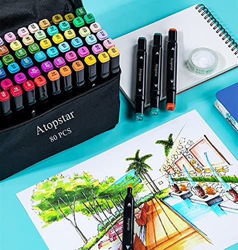ATOPSTAR 80 Colors Alcohol Markers Artist Drawing Art for Kids Dual Tip Adult Coloring Painting Supplies Perfect Boys Girls Students Adult(80 Black Shell) thumbnail 7