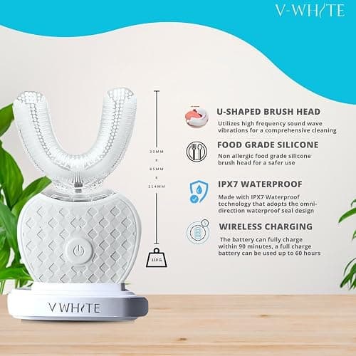 V-WHITE Ultrasonic U-Shaped Toothbrush for Teeth Whitening, Electric Toothbrush For Adults - 360° Mouth Cleansing, Hands Free Gums Protection - Wireless Charging & LED Light -Waterproof IPX7 Certified thumbnail 3
