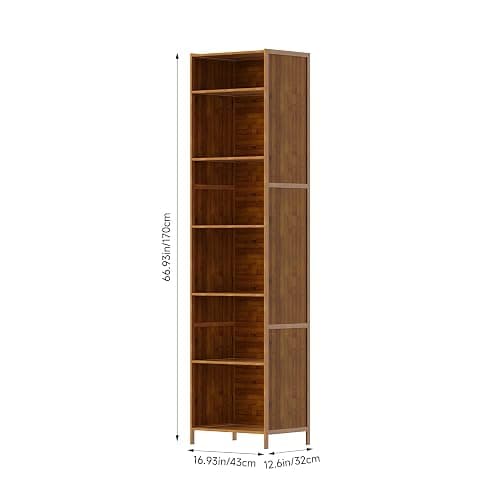 Warmiehomy 6-Tier Bookcase, 170cm Bamboo Bookshelf, Open Storage Shelf Freestanding, Wooden Shelving Unit Display Shelves for Living Room Bedroom Study Room Dinning Room (Rustic Brown) thumbnail 2
