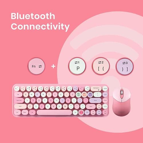 Perixx PERIDUO-802PK Bluetooth Mini Keyboard and Mouse Combo - Retro Round Key Caps - Pastel Pink - US English thumbnail 3
