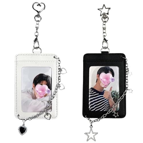K-pop Photocard Holder Keychain with Metal Chain β 2 pcs Hard Protective Card Case with Heart & Star Clip Keychain, Decorative Charms for Toploader or Badge Black and White - Image 1