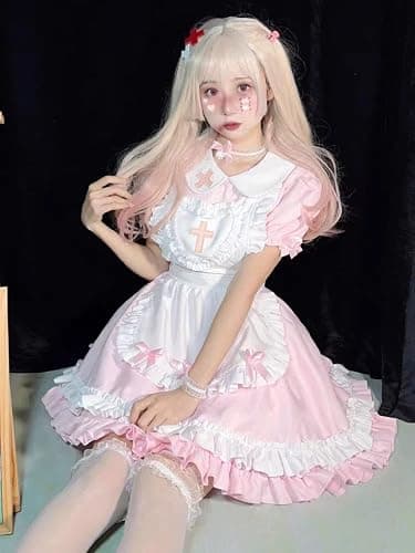 Ulalaza Gothic süße Mädchen Prinzessin Puppenkragen Spitze Schürze Retro Rüschentaschen mit Kopfschmuck Französisch Maid Kostüm thumbnail 5