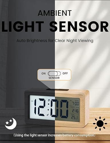 aboveClock Digital Alarm Clock, Wooden Bedside Clock with Large LCD Backlit Display, Temperature, Snooze Function, Brightness Sensor, 3 AAA Battery Operated【Battery NOT Included】 thumbnail 6