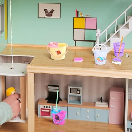 22 Pieces Miniature Bucket Doll Housework Cleaning Supplies Mini Dollhouse Accessories Mop Dustpan, Brush, Broom, Bucket Dollhouse Furniture Decoration Accessories for Dolls Pretend Play, Random Color thumbnail 6