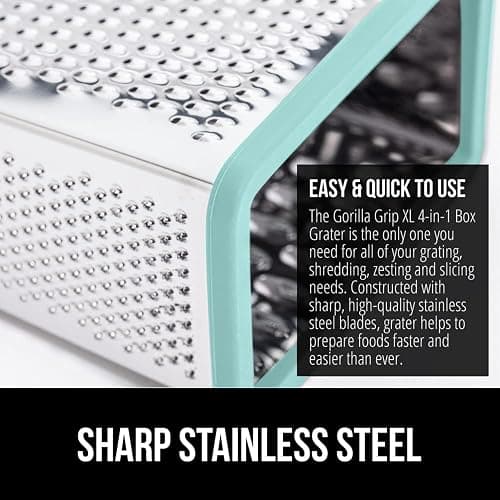 GORILLA GRIP 4-Sided 100% BPA-Free Cheese Grater With Container, Stainless Steel XL Box Graters, Parmesan Shredder, Grate Cheeses, Shred Veggies, Slip Resistant Handle, Dishwasher Safe Zester, Mint thumbnail 5