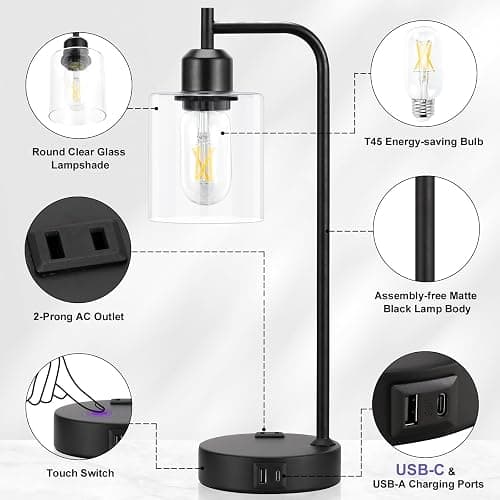 Industrial Touch Table Lamps for Bedrooms Set of 2 - 3-Way Dimmable Nightstand Lamps with USB C+A Ports and Outlet, Black Bedside Lamps with Glass Shade for Living Room, Desk Lamps for Home Office thumbnail 7