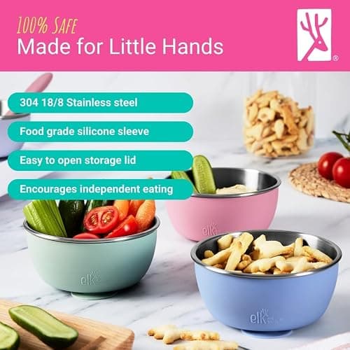 Elk and Friends Stainless Steel Bowls with Silicone Sleeve for Babies & Toddlers | Lids Included | Stay Put Suction | Cereal & Snack Bowls | 4 Pack thumbnail 4