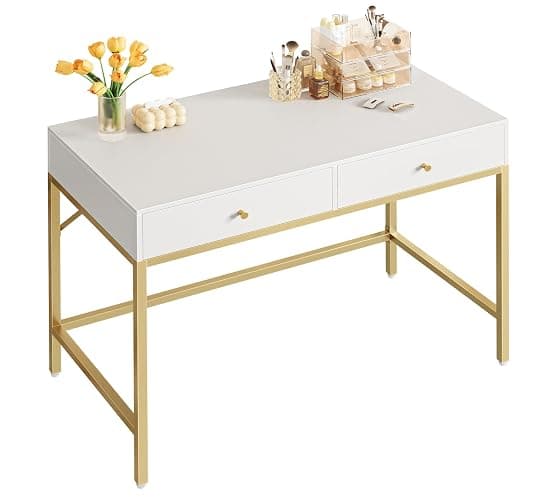 SUPERJARE 39.4" White and Gold Desk with 2 Drawers, Modern Makeup Vanity Desk, Small Computer Desk Home Office Desk for Writing Study Bedroom - Image 1