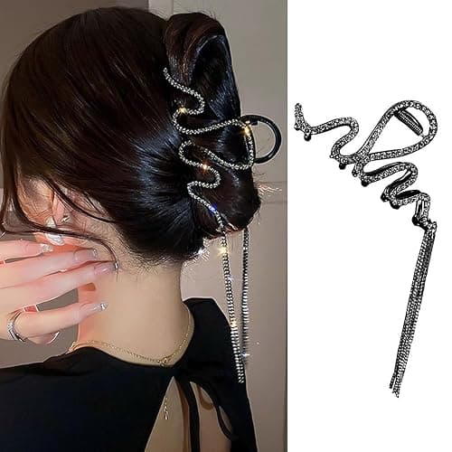 1 Pack Snake Hair Claw Clips Metal Black Crystal Rhinestone Hair Clips with Tassel Pendant Design Hair Accessories Strong Hold Large Hair Catch Jaw Clips Y2k Punk Hair Barrette Hairpins for Women Girl - Image 1