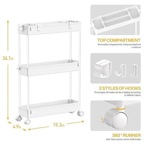 SPACELEAD Slim Storage Cart 3 Tier,Bathroom Organizer Rolling Utility, Mobile Shelving Unit Slide Out for Office, Kitchen, Laundry Room & Narrow Places,White - White thumbnail 2