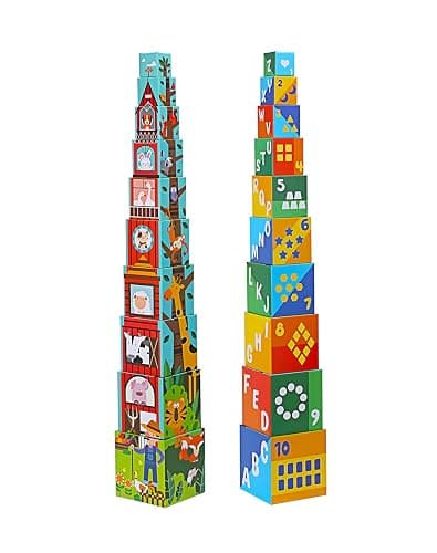 Beeqoo Animal Sorting and Stacking Blocks - Educational ABC & Numbers Toy for Babies and Toddlers - Montessori Learning Tower - 10 Nesting Cubes Building Set - Novelty Gift for Boys & Girls - Image 1