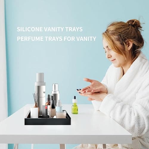 BBK Bathroom Vanity Tray- 2 Pack (7.8" and 11.8") Silicone Bathroom Tray for Counter, for Perfume Key Trinket Ring Soap Organization - Black thumbnail 5