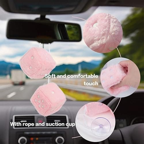 Fuzzy Plush Dice for Car Mirror, Pair of Retro 3” Light Pink Dice with White Dots for Car Interior Hanging Ornament Decoration (Light Pink) thumbnail 5