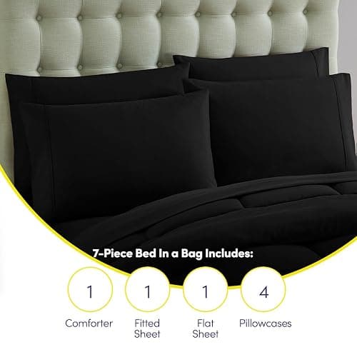 Full Size Comforter Set with Sheets - 7-Piece Bedding Collection - 1 Comforter, 1 Fitted Sheet, 1 Flat, 4 Pillowcases - Deep Pocket - Soft & Breathable Premium Quality - Ideal for All Seasons, Black - Black - Full thumbnail 6