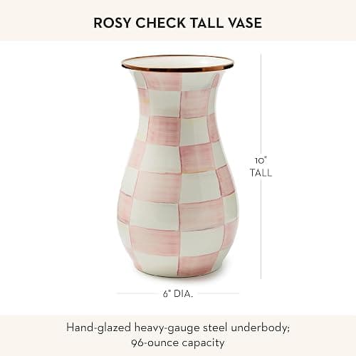 MACKENZIE-CHILDS Enamel Tall Vase, Pink-and-White Rosy Check | Hand-painted design, decorative flower vase and bouquet holder, made from enameled steel, 6" dia. x 10" H thumbnail 3
